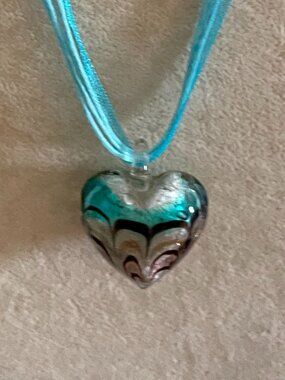 Art Glass Heart Pendant on Ribbon Cord.